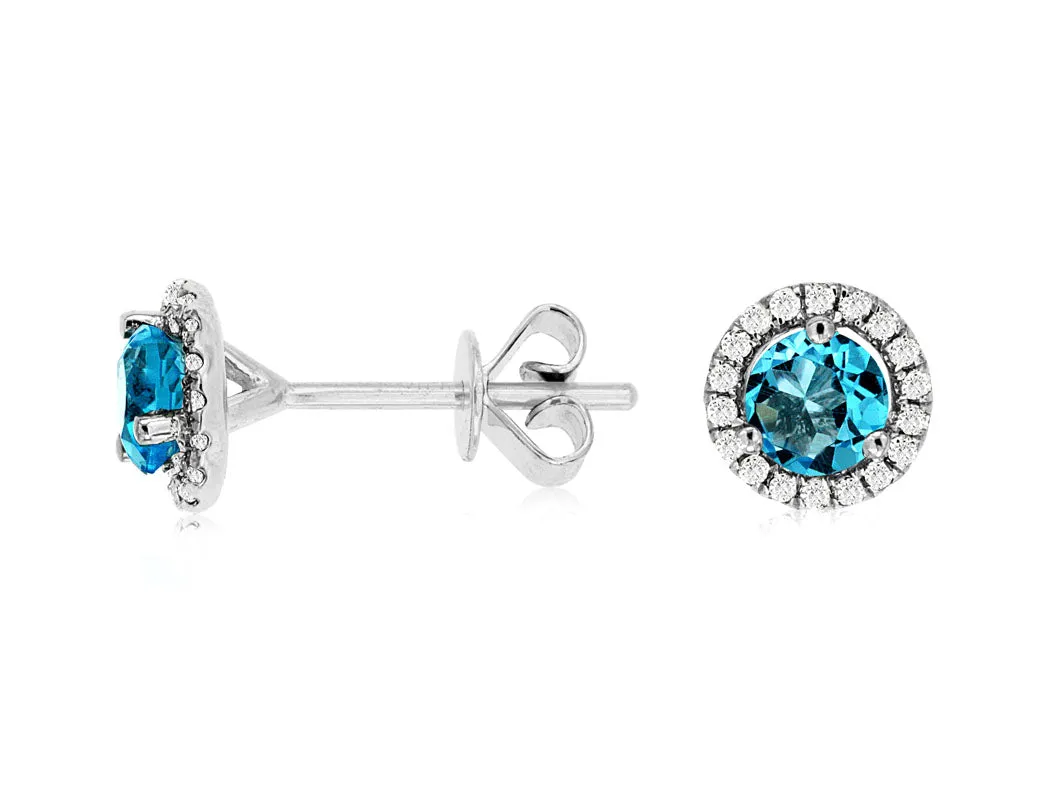 14K White Gold Blue Topaz and Diamond Stud Earrings