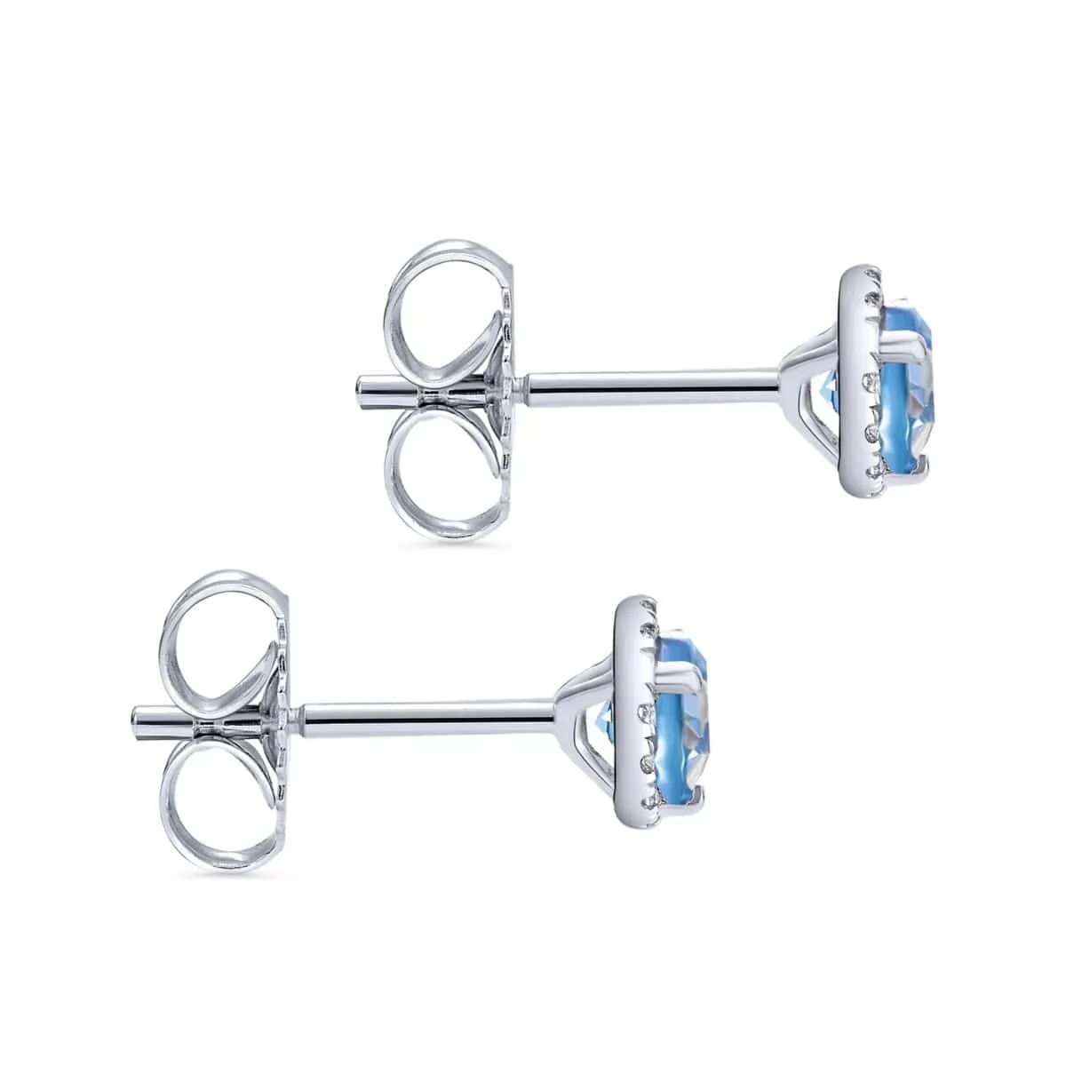 14K White Gold Round Cut Diamond Halo & Swiss Blue Topaz Stud Earrings - EG12372W45BT