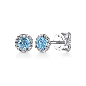 14K White Gold Round Cut Diamond Halo & Swiss Blue Topaz Stud Earrings - EG12372W45BT