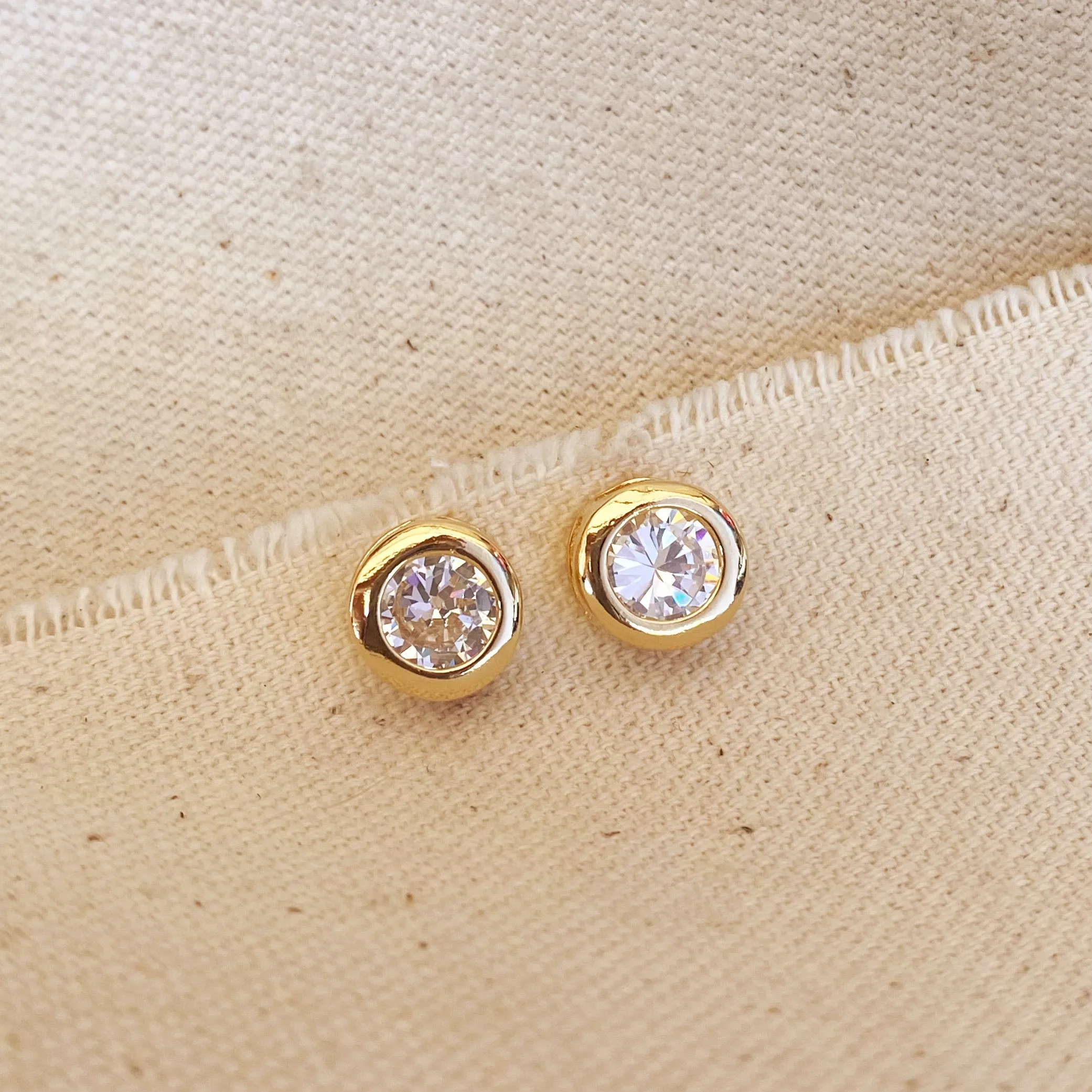 18k Gold Filled 10mm Bezeled Cubic Zirconia Stone Stud Earrings