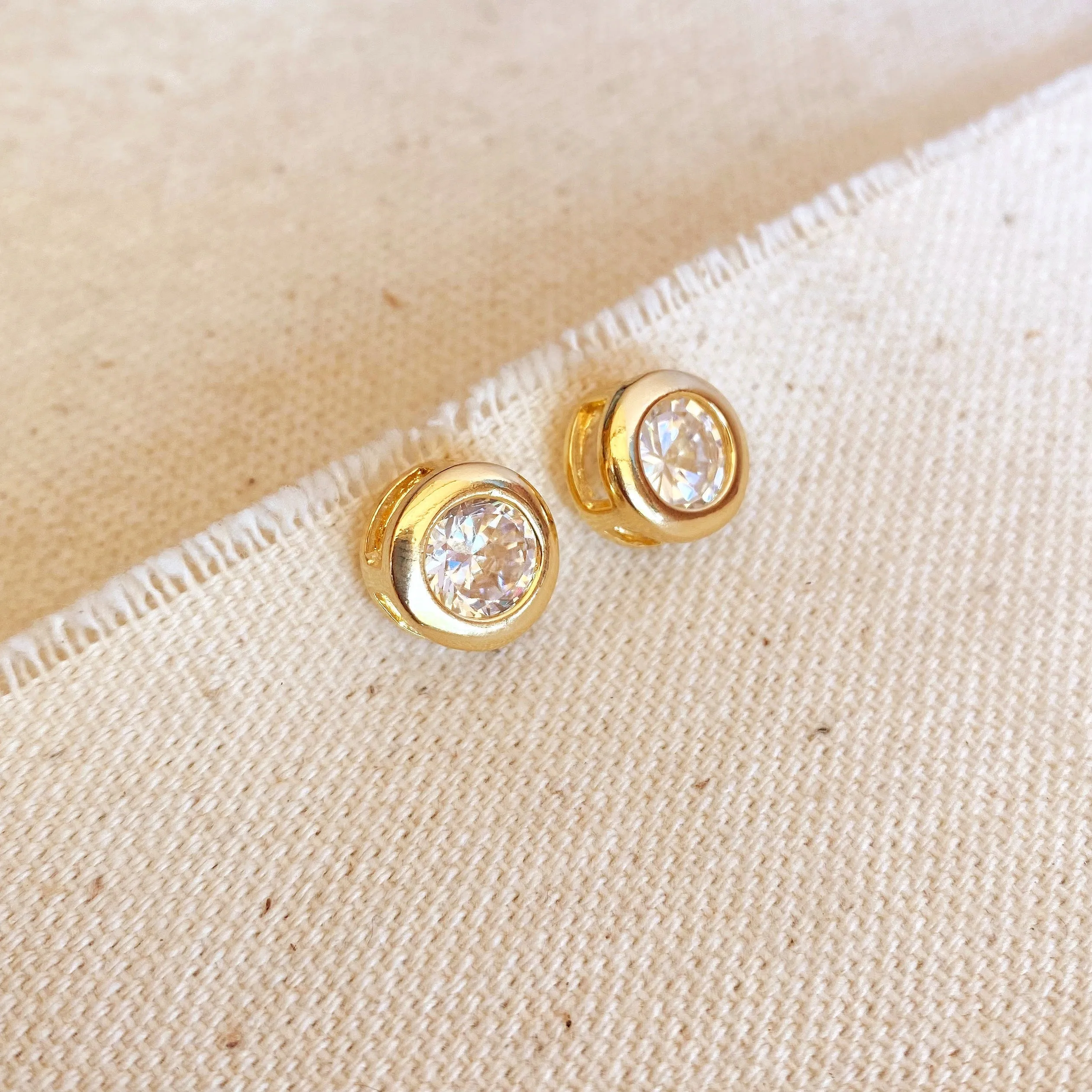 18k Gold Filled 10mm Bezeled Cubic Zirconia Stone Stud Earrings