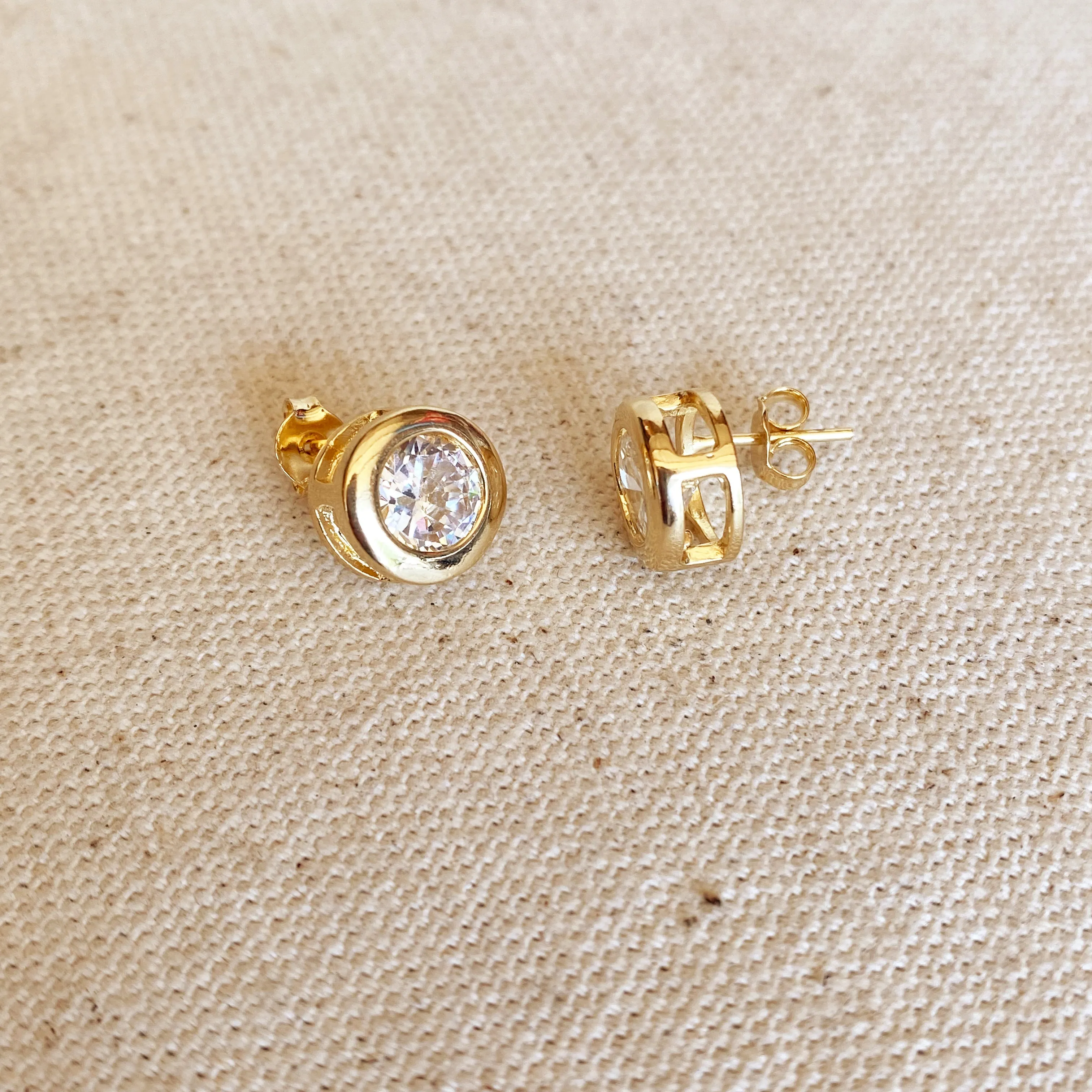 18k Gold Filled 10mm Bezeled Cubic Zirconia Stone Stud Earrings