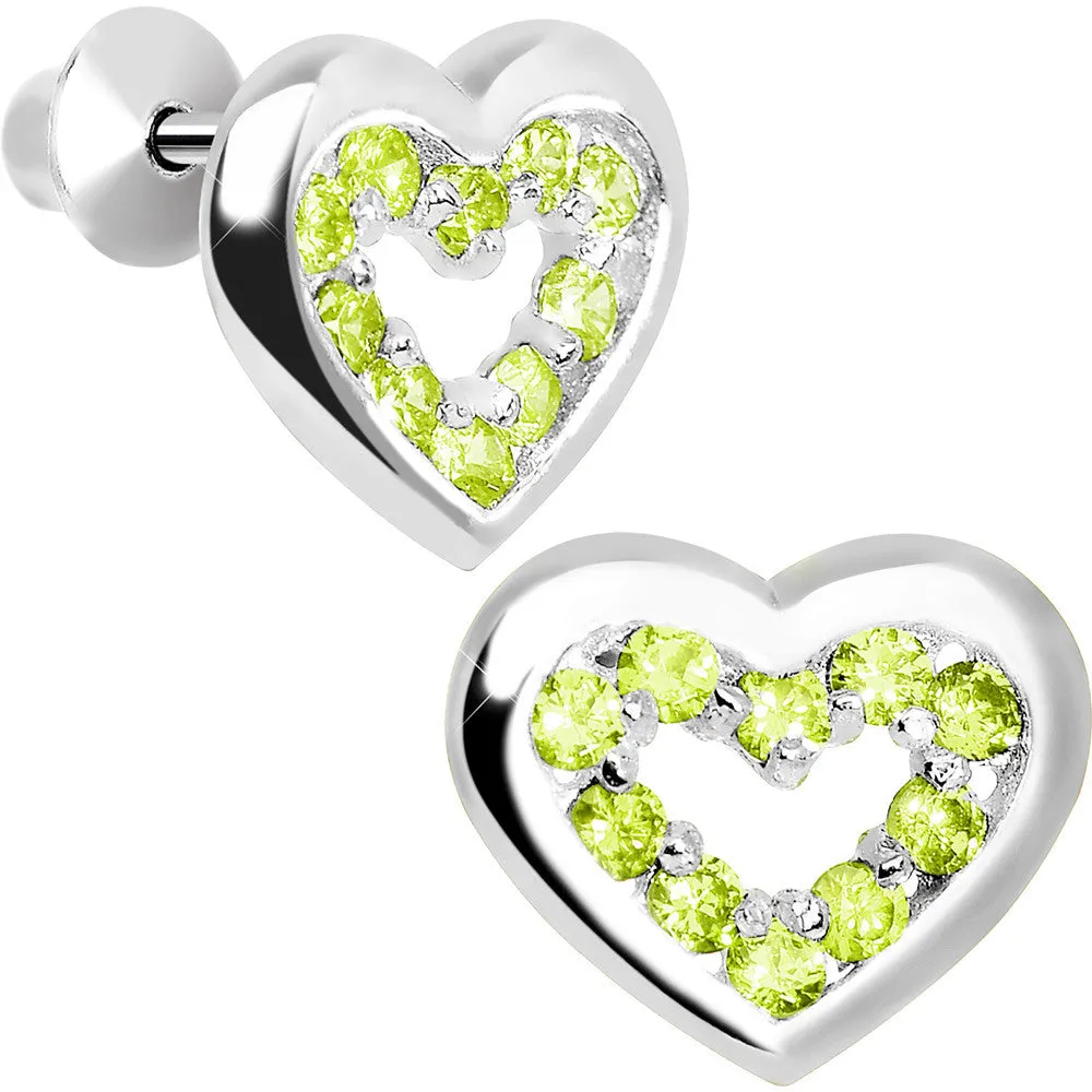 .925 Sterling Silver August CZ Open Heart Youth Screwback Earrings