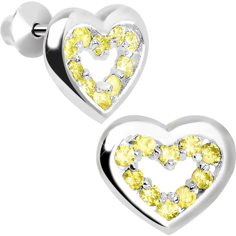 .925 Sterling Silver November CZ Open Heart Youth Screwback Earrings