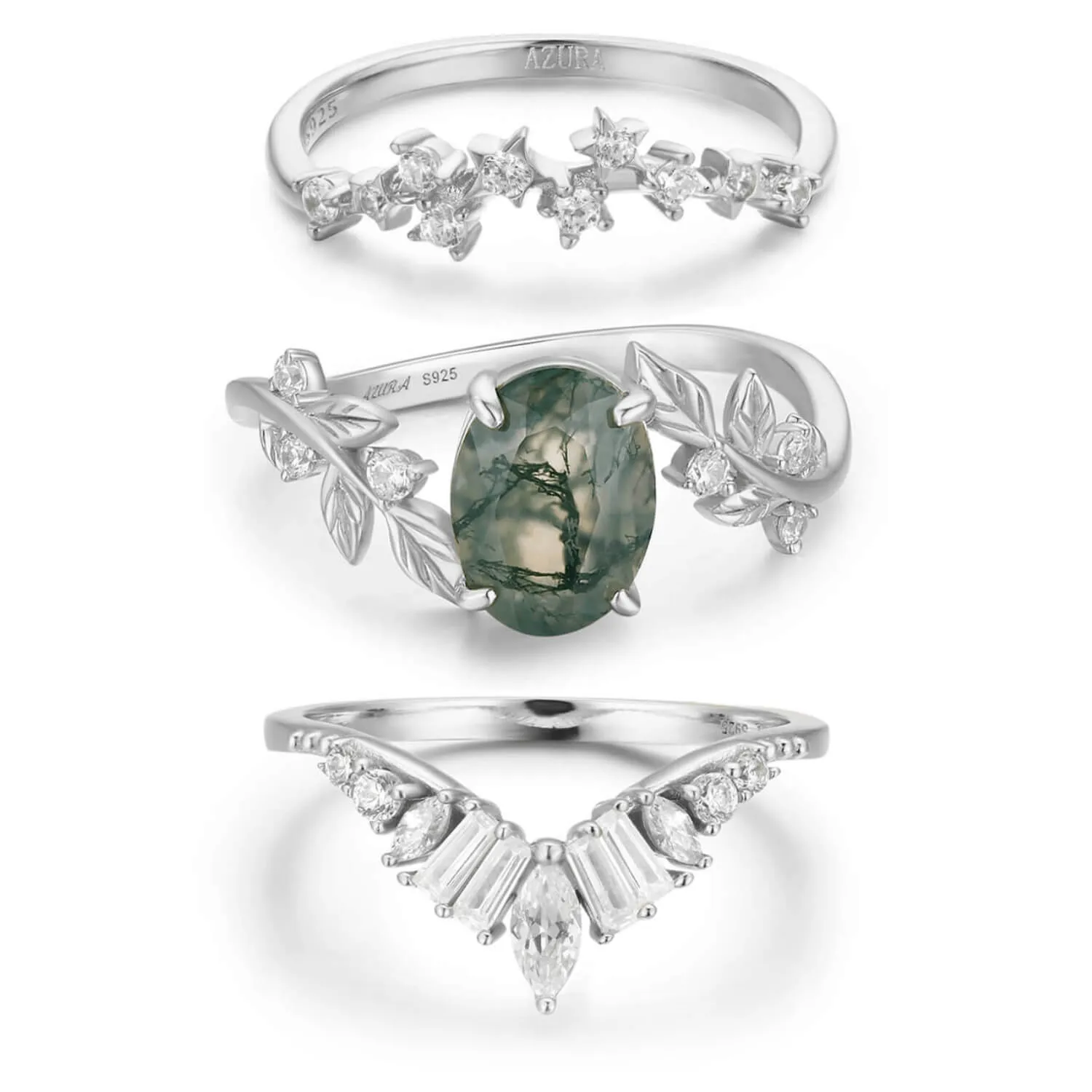 Between the Leaf Moss Agate©, Hillcrest, and Starry Night Ring Set