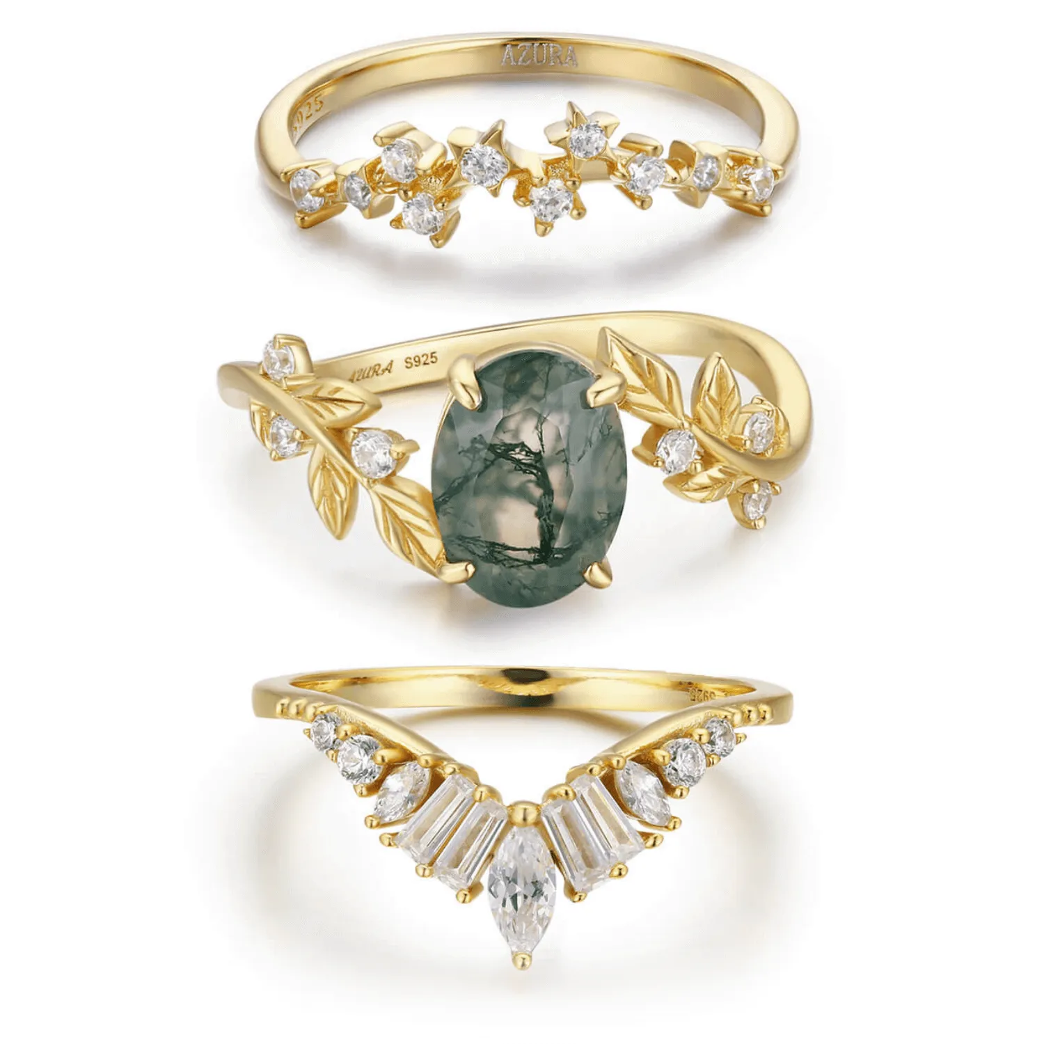 Between the Leaf Moss Agate©, Hillcrest, and Starry Night Yellow Gold Ring Set