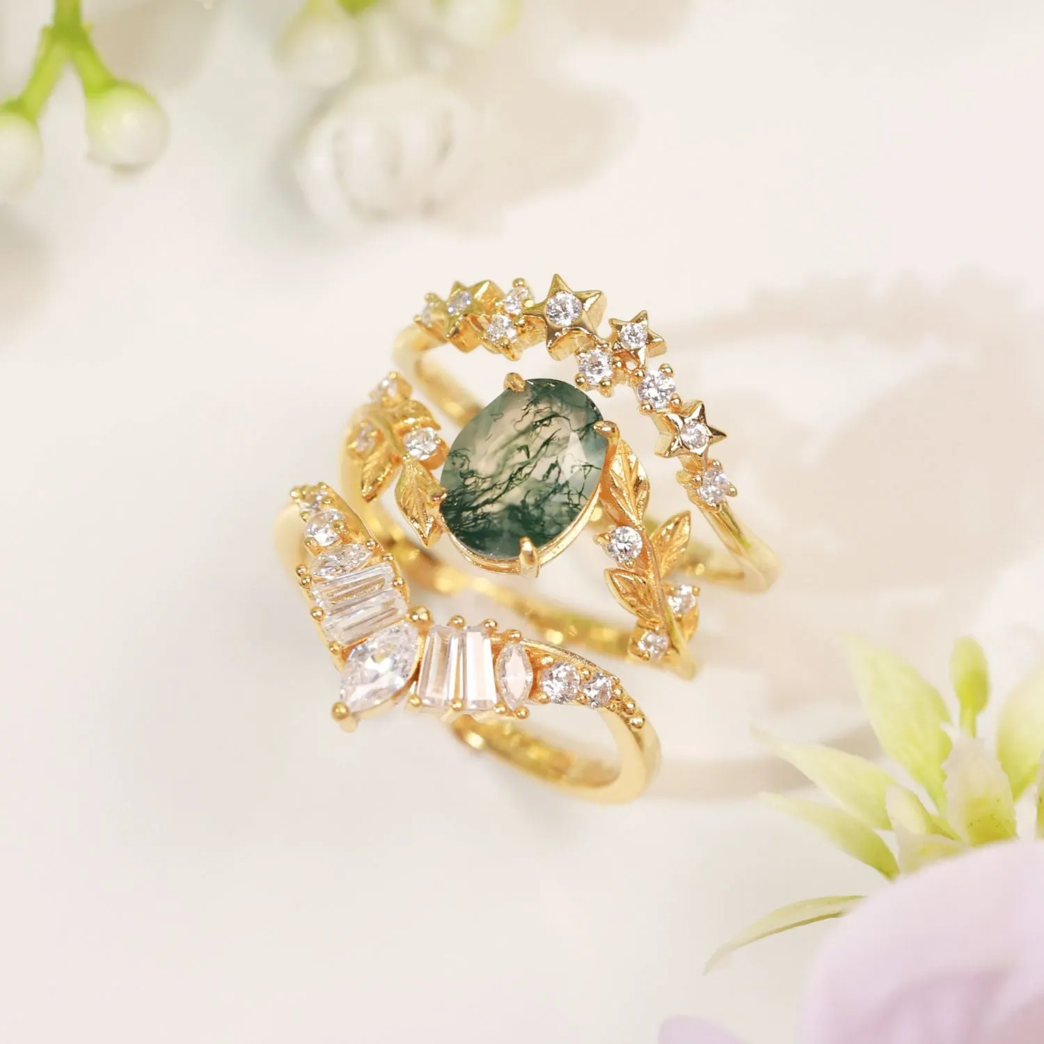 Between the Leaf Moss Agate©, Hillcrest, and Starry Night Yellow Gold Ring Set