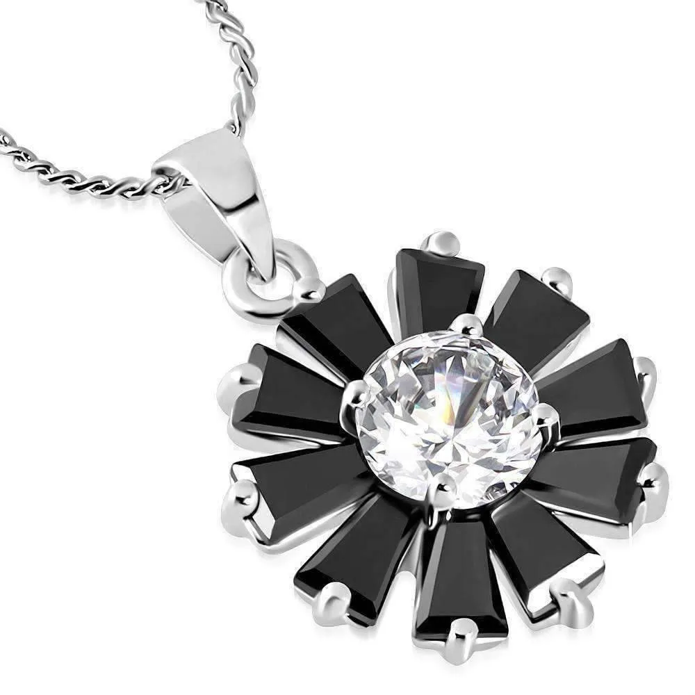 Black Peony Cubic Zirconia Flower Pendant Necklace