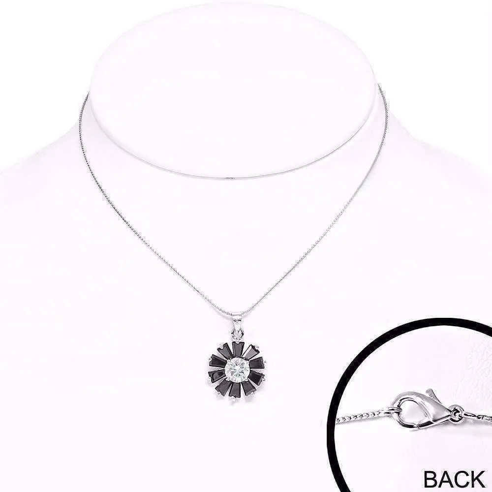 Black Peony Cubic Zirconia Flower Pendant Necklace