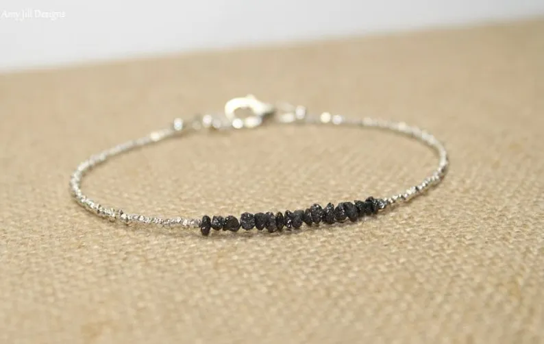 Black Rough Diamonds and Silver Beads Bracelet