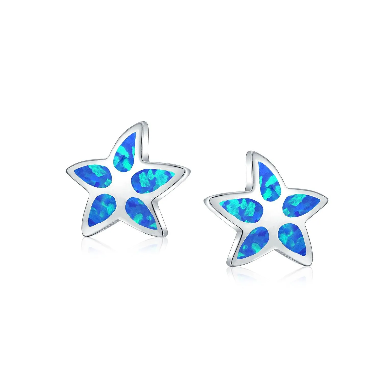 Blue Created Opal Inlay Starfish Stud Earrings Sterling Silver