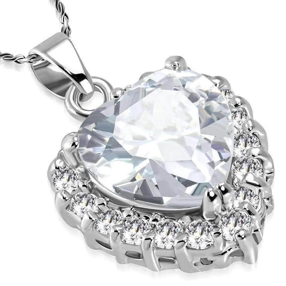 Cherish Large Cubic Zirconia Halo Heart Pendant Necklace