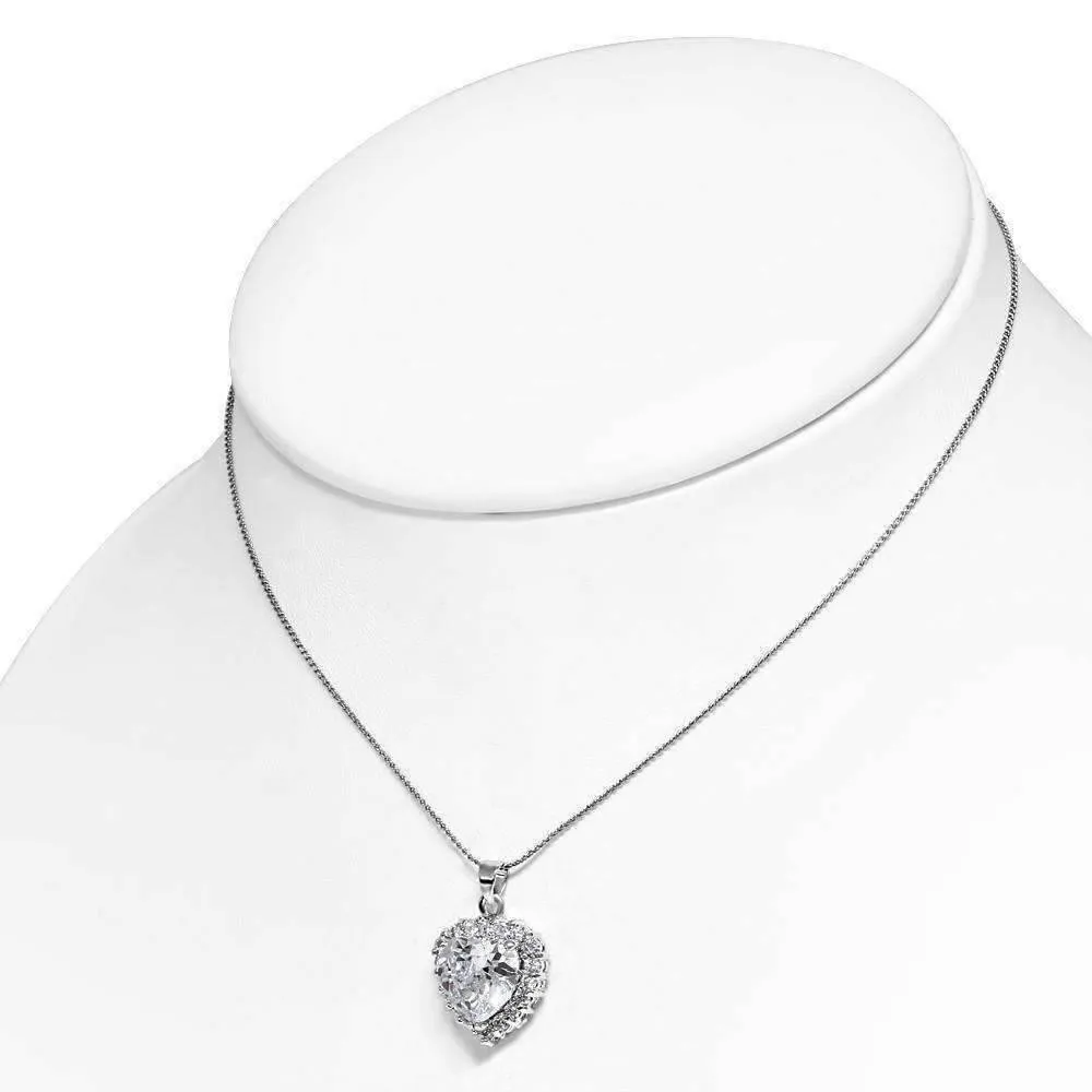 Cherish Large Cubic Zirconia Halo Heart Pendant Necklace