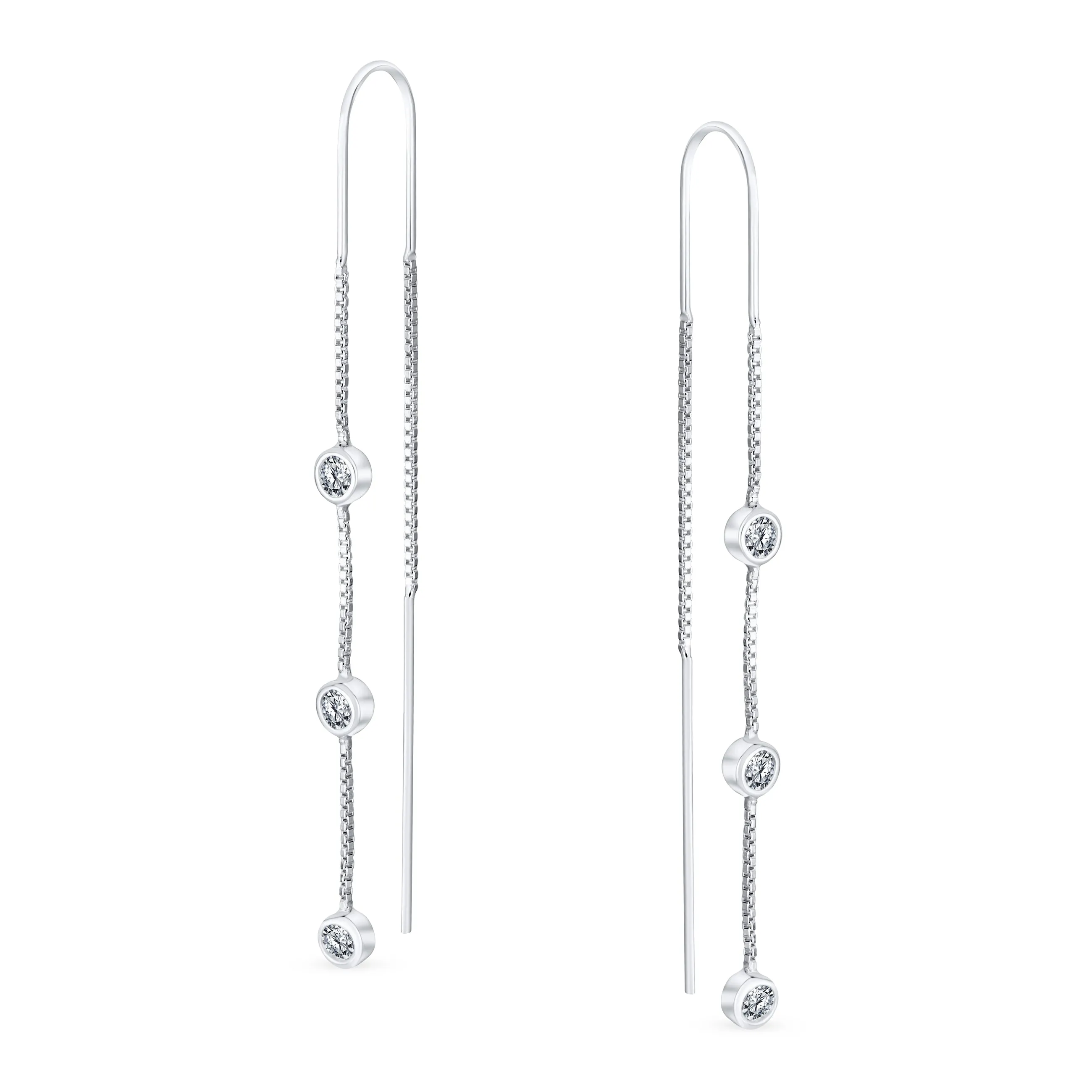 Classic Minimalist Dangle Chandelier Earrings with CZ in Sterling Silver Linear Design