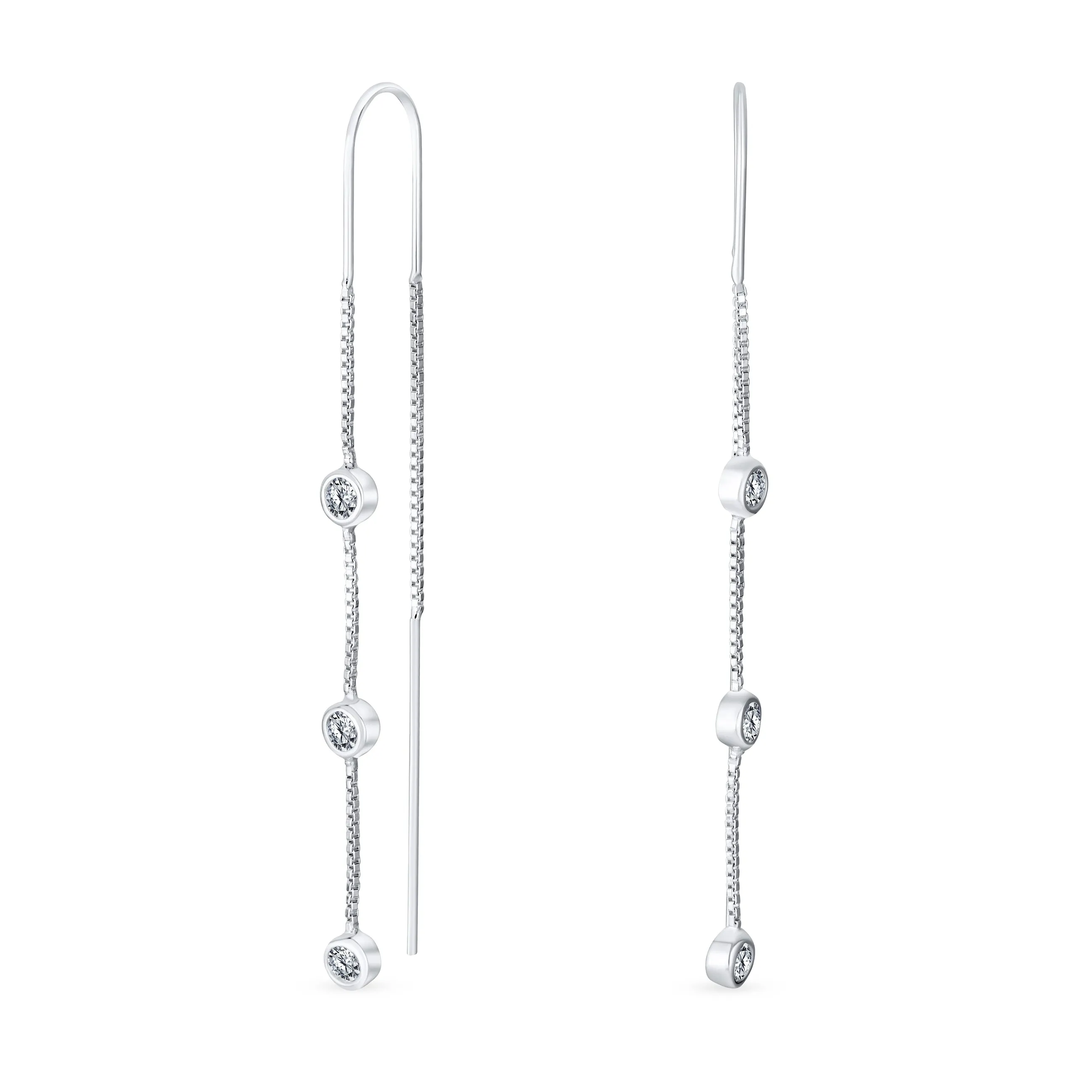 Classic Minimalist Dangle Chandelier Earrings with CZ in Sterling Silver Linear Design