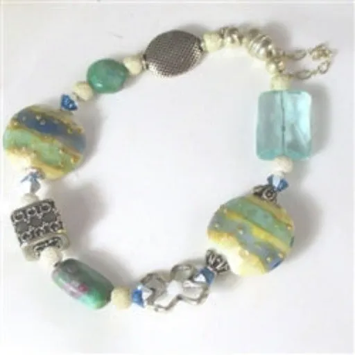 Designer Whimsical Aqua and Blue Handmade Beaded Bracelet