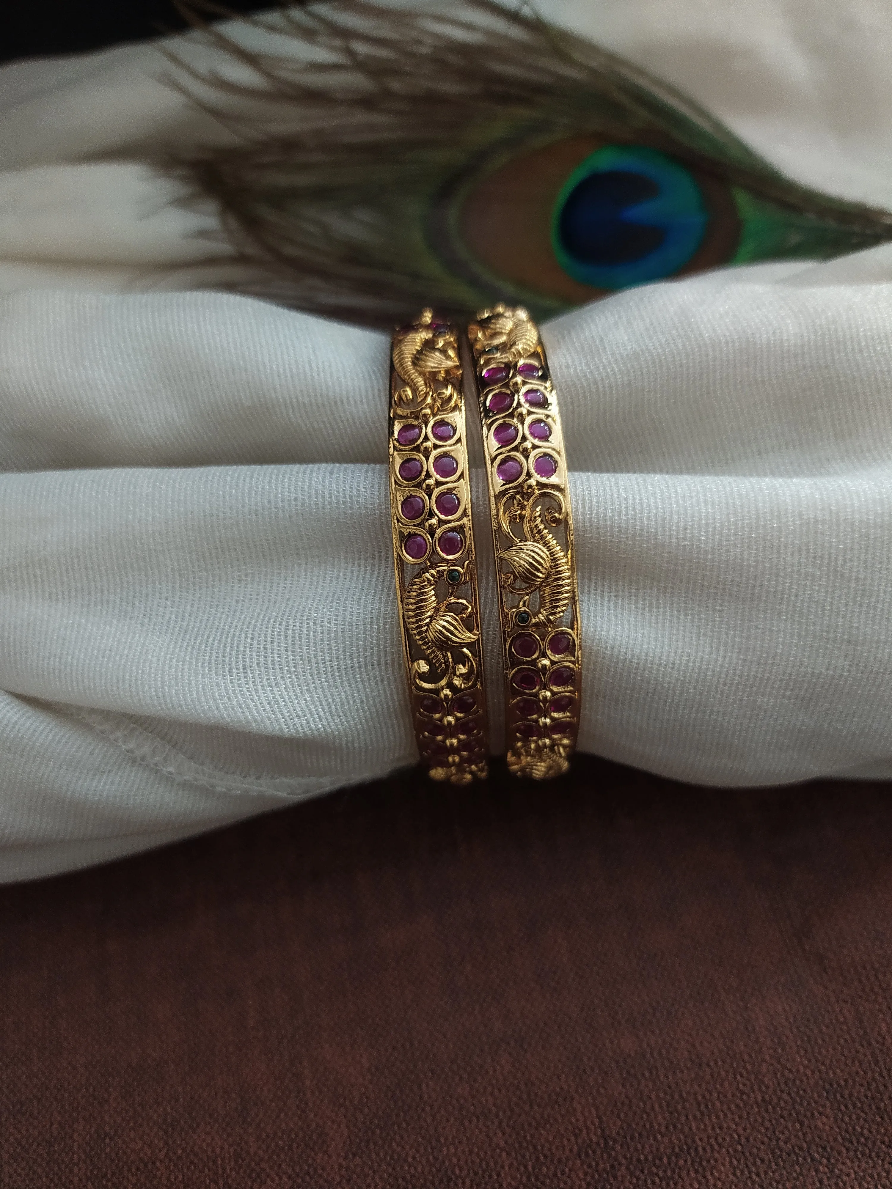 Enchanting Antique Peacock Design Ruby Kemp Bangles