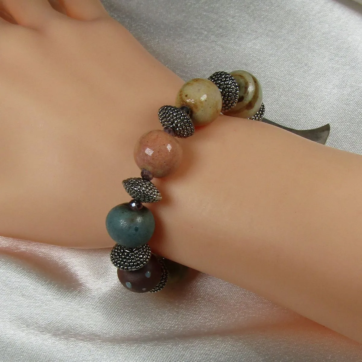 Handmade Ceramic Bead Bracelet with Heart Clasp