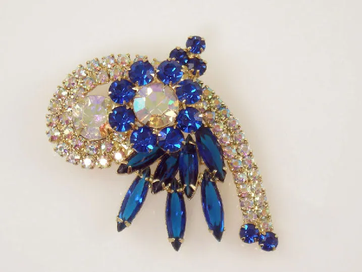 Juliana DeLizza & Elster Sapphire Blue & Aurora Borealis Swirl Comet Brooch