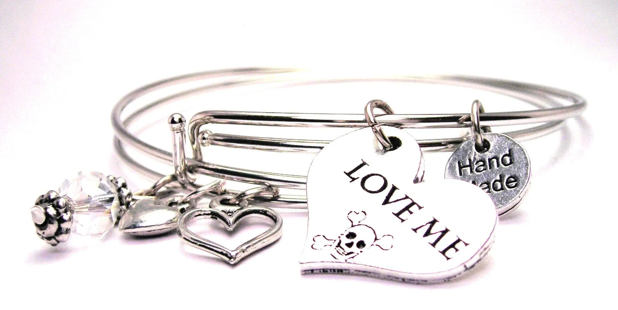 Love Me With Skull And Crossbones Expandable Bangle Bracelet Set