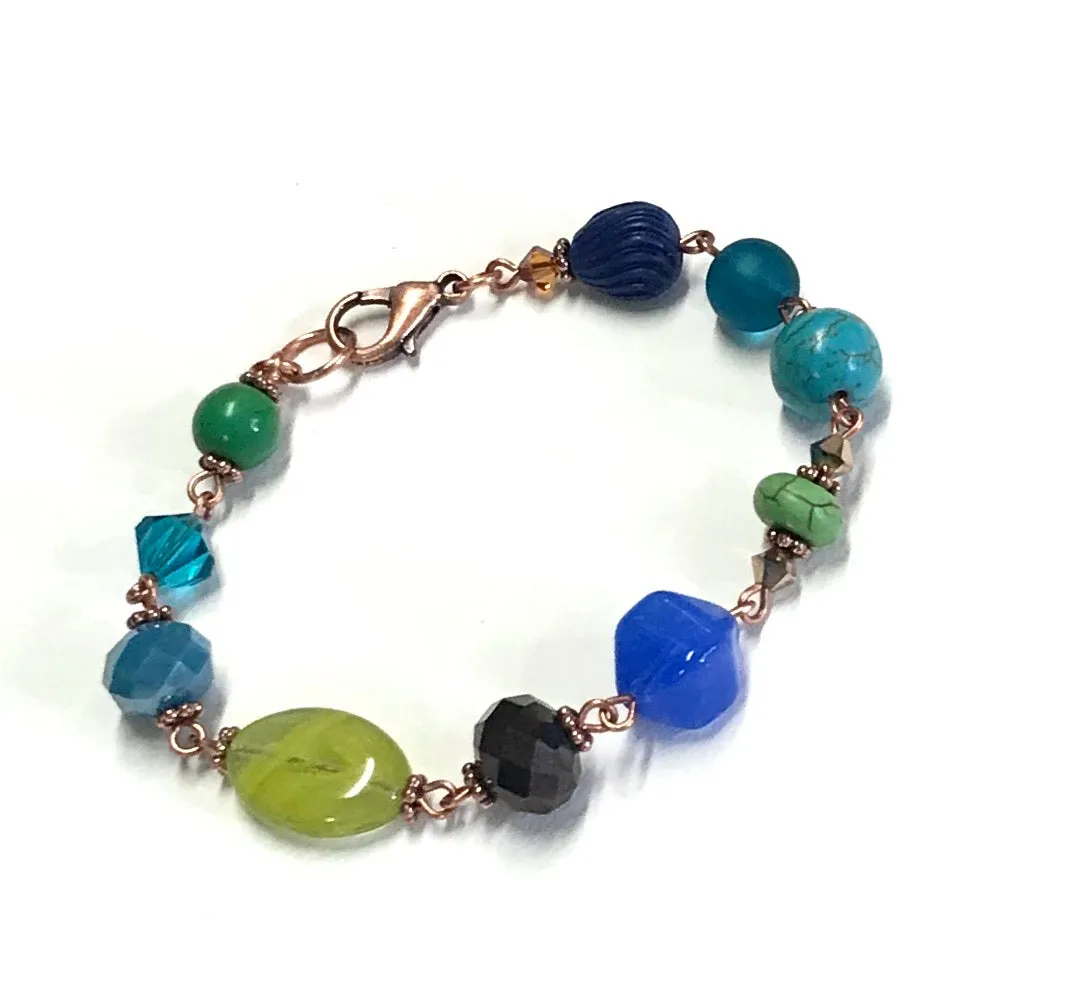 Mixed Up Colors Copper Bracelet - Blues and Greens - Everyday Bracelet