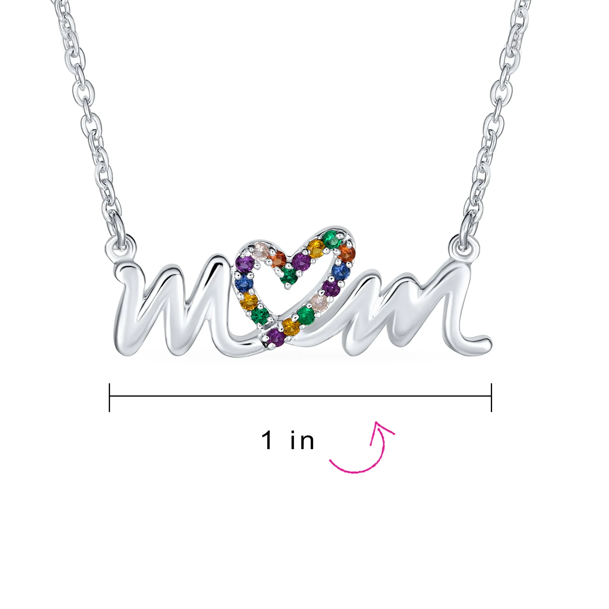 Name Style Crystal Heart Pendant Necklace for Mother Sterling Silver Rainbow MOM