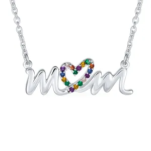 Name Style Crystal Heart Pendant Necklace for Mother Sterling Silver Rainbow MOM