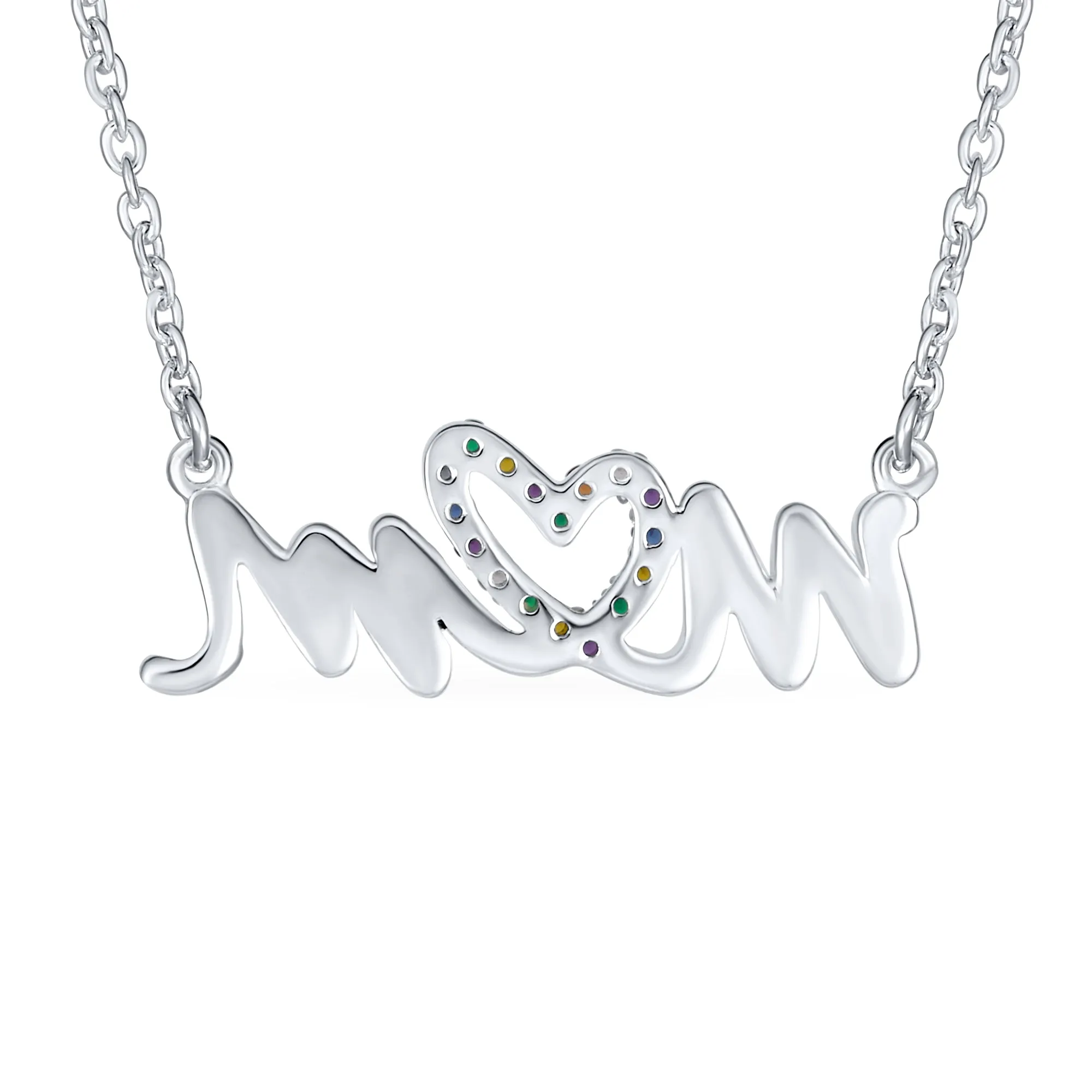 Name Style Crystal Heart Pendant Necklace for Mother Sterling Silver Rainbow MOM