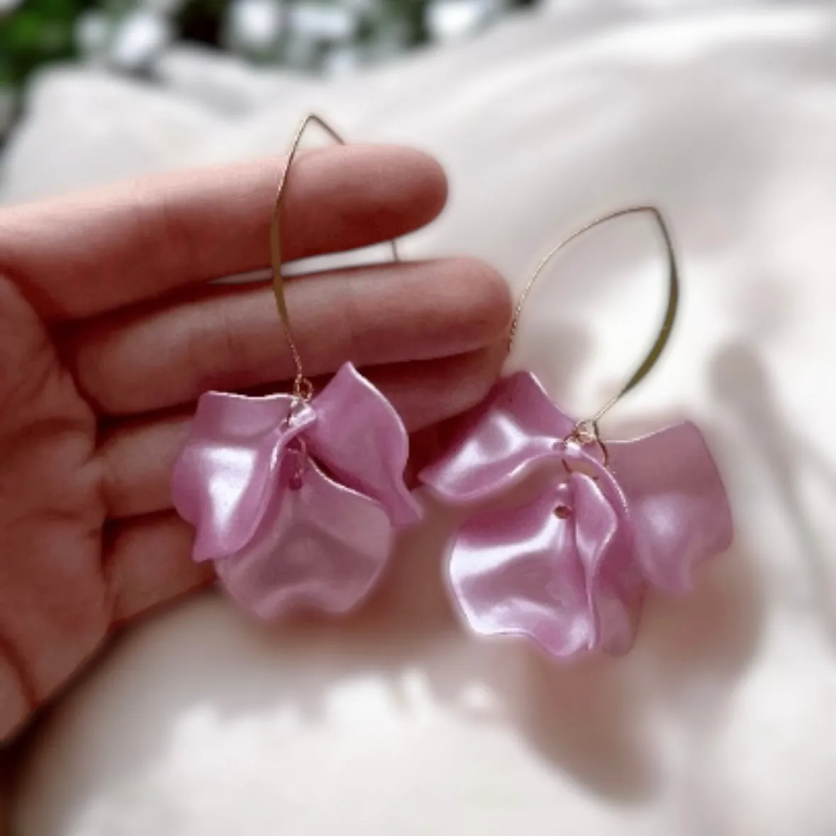 Pink - Sweet Pink dangly bridal earrings petals | shimmering pastel flower | golden geometric floral earrings | christmas