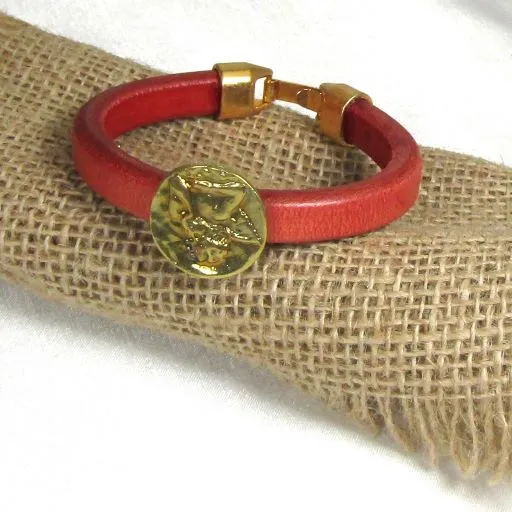 Red Regaliz Leather Bracelet with Gold Angel Coin Focus