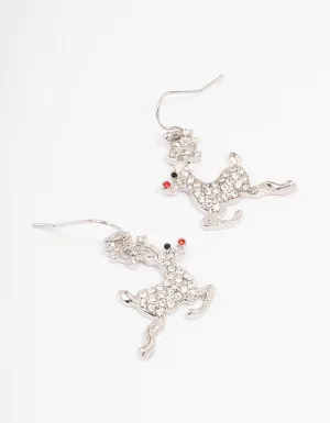 Rhodium Leaping Rudolph Drop Earrings