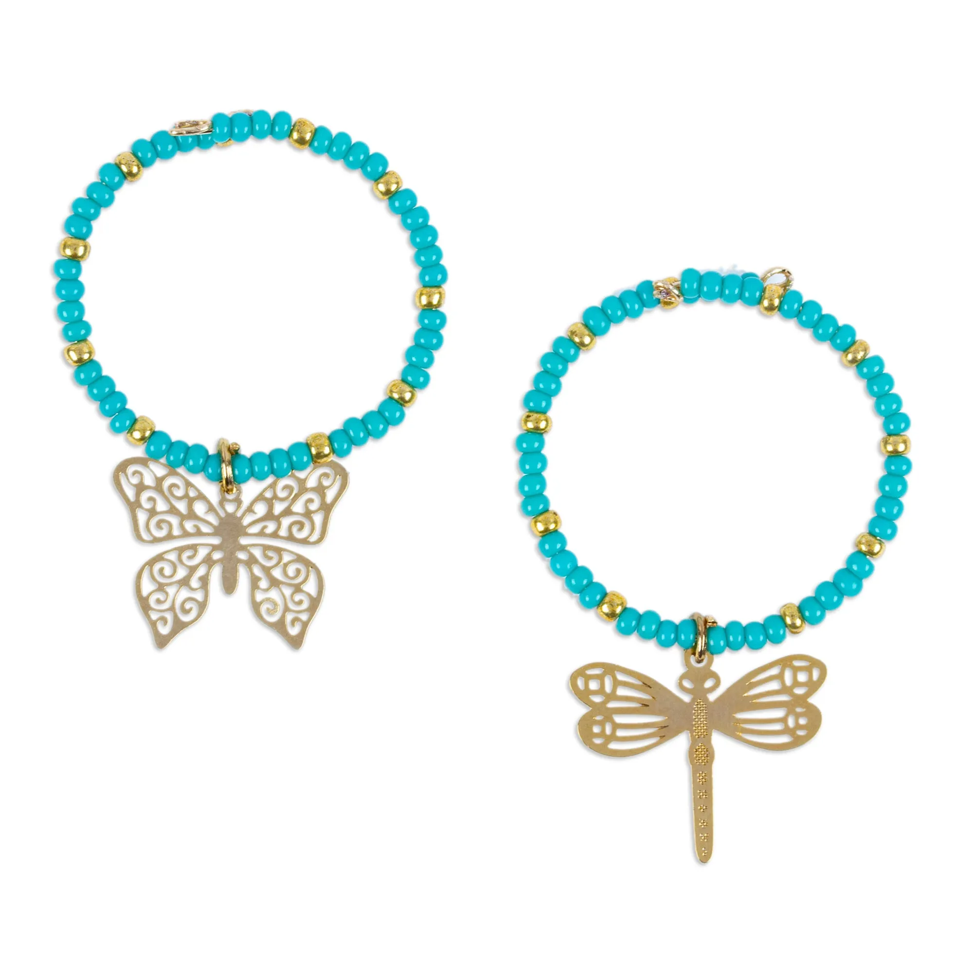 Set of 2 Handmade Beaded Drink Markers with Golden Pendants - Turquoise Flutter | NOVICA