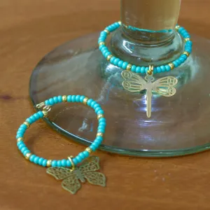 Set of 2 Handmade Beaded Drink Markers with Golden Pendants - Turquoise Flutter | NOVICA