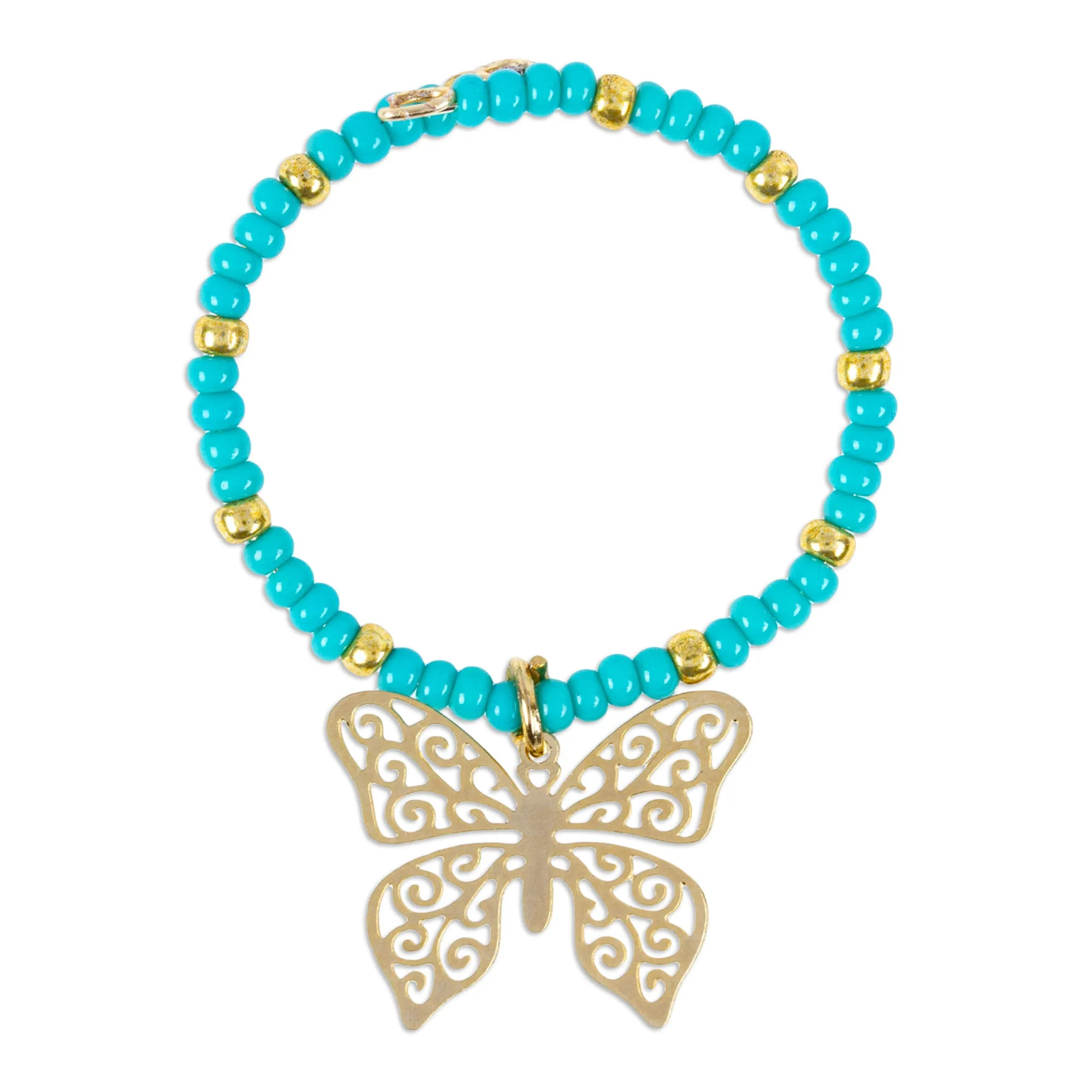 Set of 2 Handmade Beaded Drink Markers with Golden Pendants - Turquoise Flutter | NOVICA