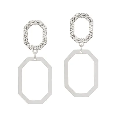 Silver Rhinestone Double Layered Hexagon 2" Earring