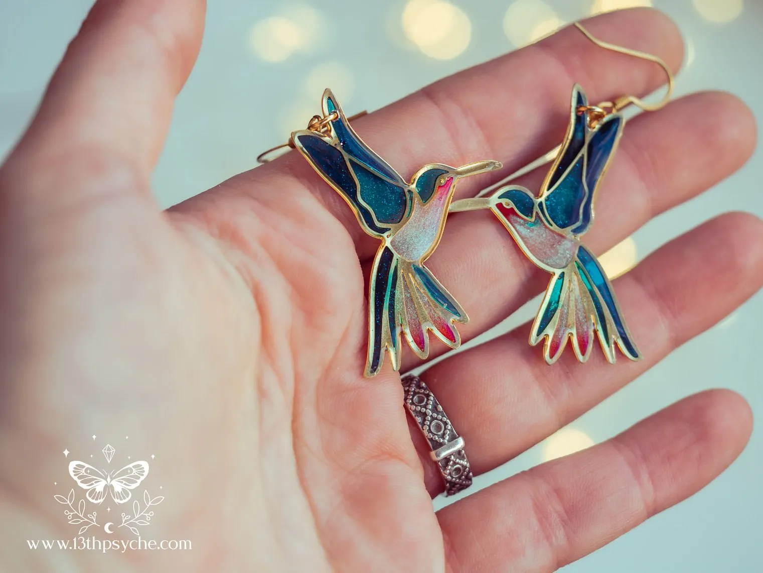 Stained glass inspired hummingbird earrings