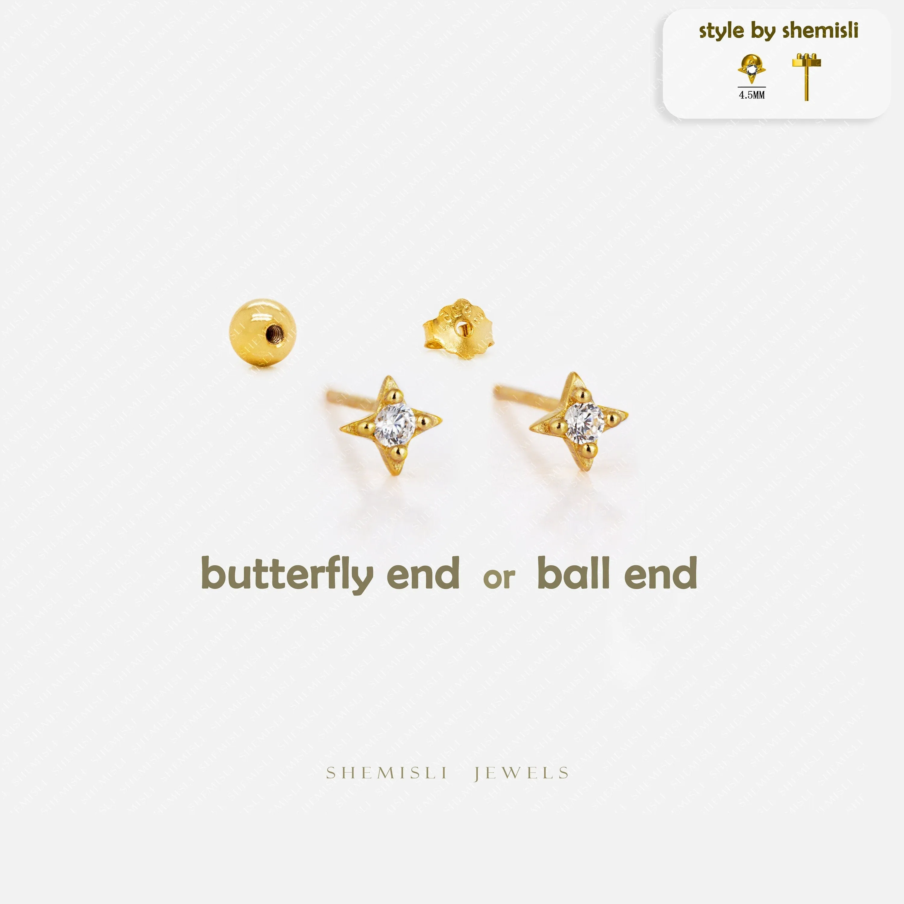 Tiny White Stone 4 Point Star Studs Earrings, Celestial Earrings, Unisex, Gold, Silver SHEMISLI - SS863 Butterfly End, SS864 Screw Ball End