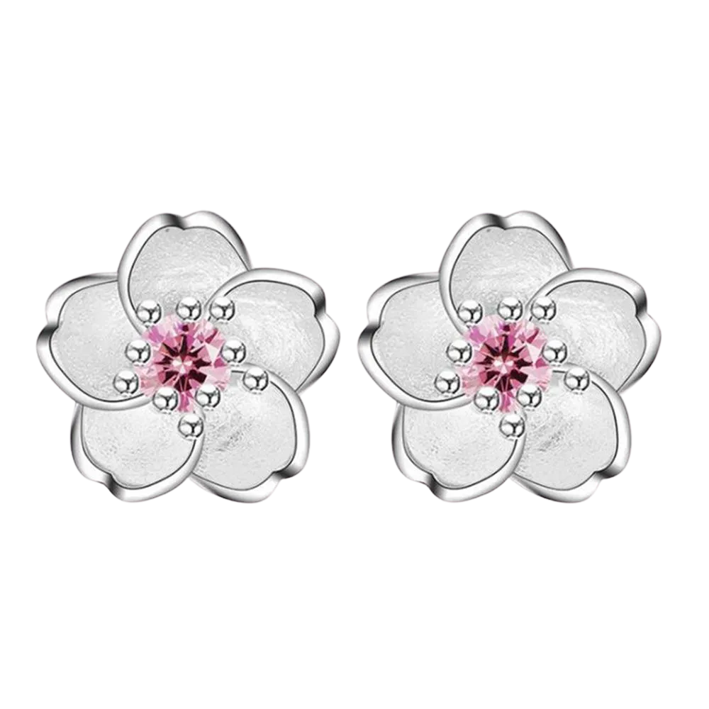 Women Handmade Cherry Tibetan Silver and Cubic Zircon Stud Earrings