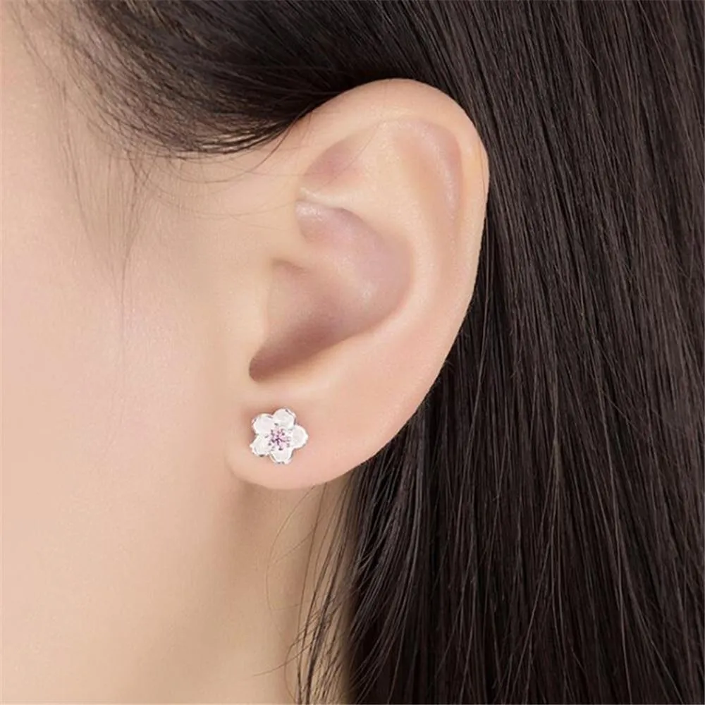 Women Handmade Cherry Tibetan Silver and Cubic Zircon Stud Earrings